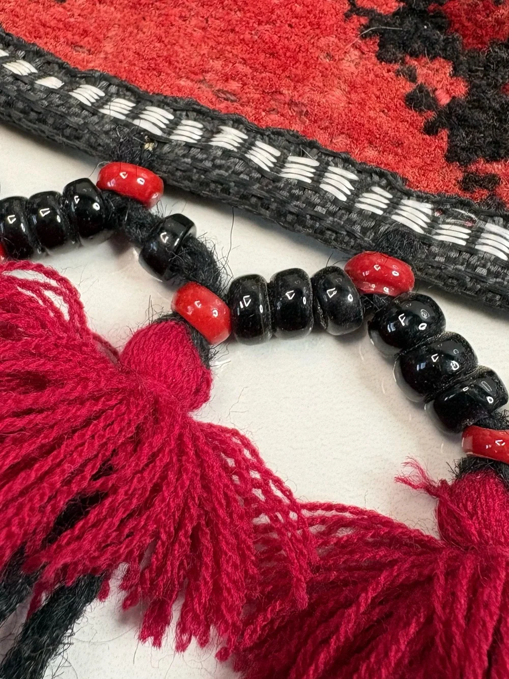 Vintage Tribal Textile Wall Hanging w/ Tassels & Beads – 32” x 14” Boho Decor